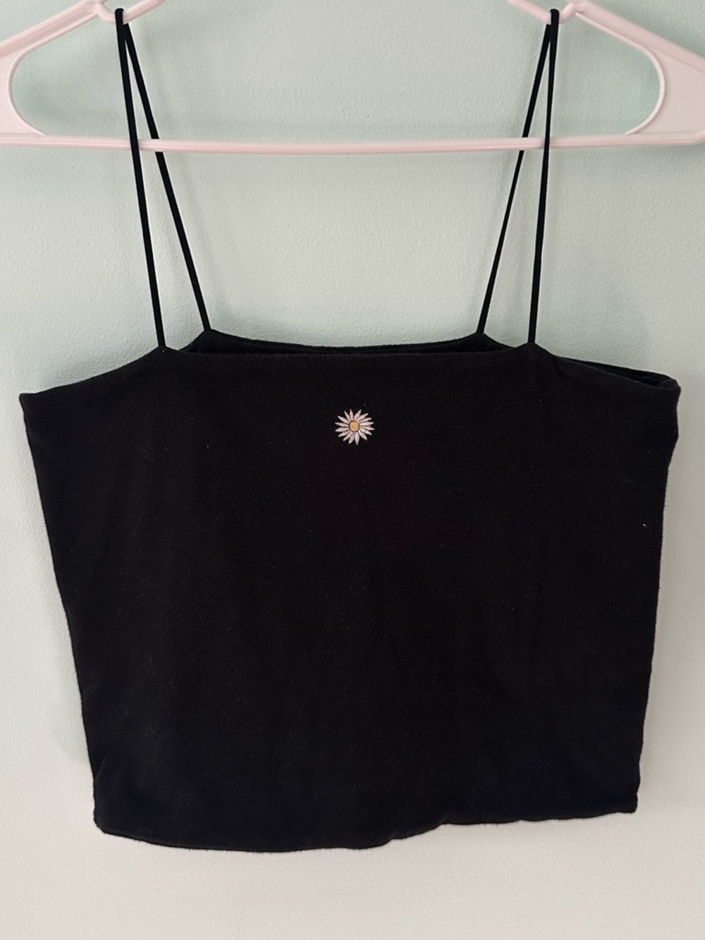 American Eagle Outfitters Black Spaghetti-Strap Crop Top with Daisy Motif